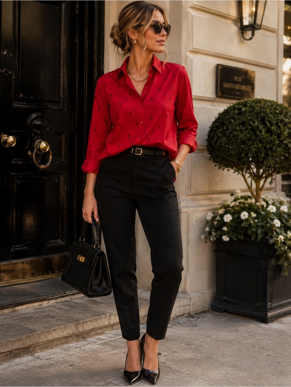 Karl Lagerfeld Paris Monogram Button Down Shirt Red Black Size S NWOT